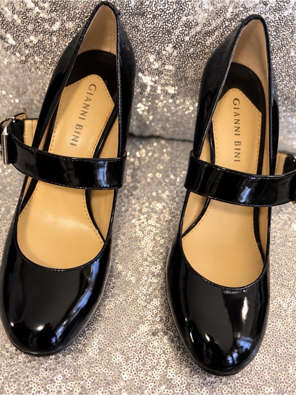 Gianni Bini Black Patent Mary Jane Heels with Strap
